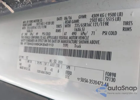 2016 Ford Transit T-350 z USA, uszkodzony, nr VIN 1FTBW2XM9GKB45113